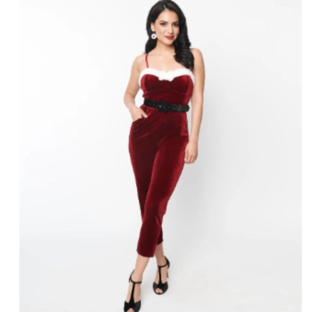 Unique Vintage Wine Red Velvet & White Faux Fur Cropped Jumpsuit